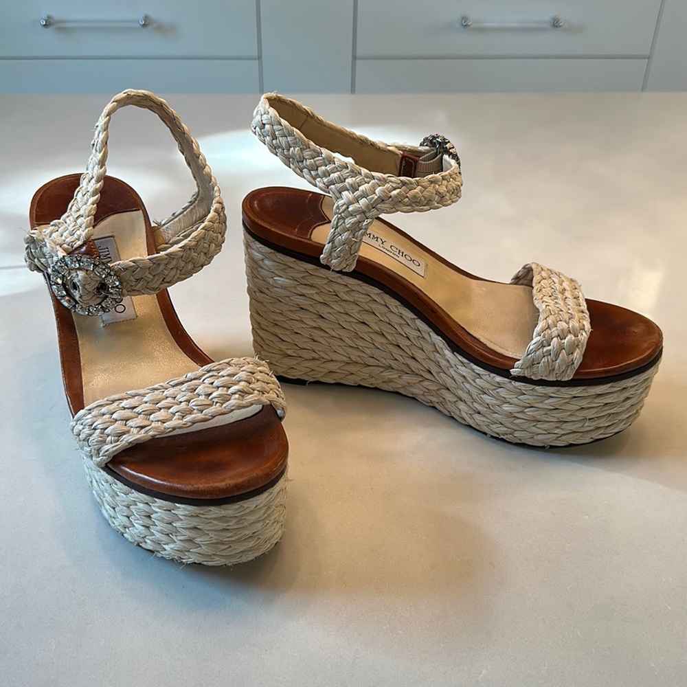Jimmy Choo Nylah raffia wedges with signature crystal embellished buckle